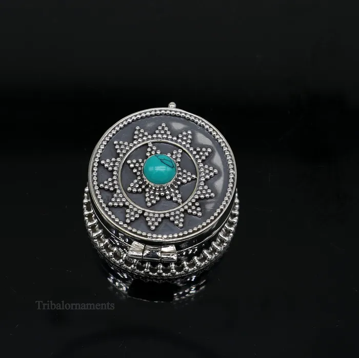 925 sterling silver Stunning Rava work design turquoise stone trinket box Sindoor box brides gift collection silver stunning box stb222 TRIBAL ORNAMENTS Rings