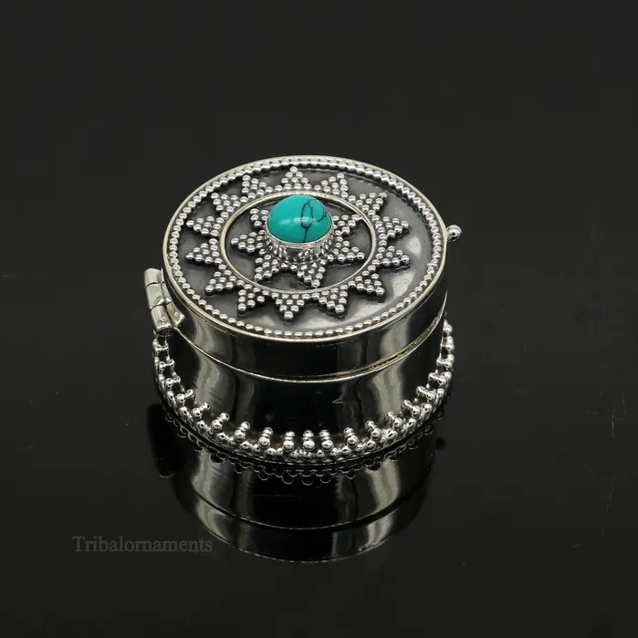 925 sterling silver Stunning Rava work design turquoise stone trinket box Sindoor box brides gift collection silver stunning box stb222 TRIBAL ORNAMENTS Rings