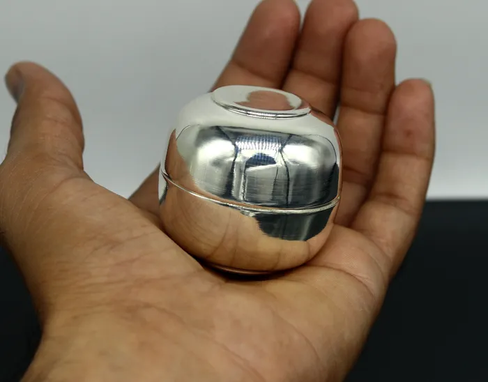 999 fine silver handmade gorgeous small idols Prasad box trinket box container box brides sindur box solid silver article utensil sv184 TRIBAL ORNAMENTS Necklaces
