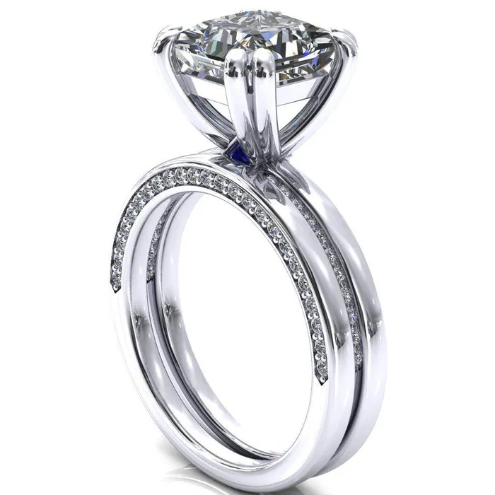 Ain PrincessSquare Moissanite 4 Double Prongs Blue Sapphire Bezel Diamond Side Shank Ring Fire Brilliance Rings