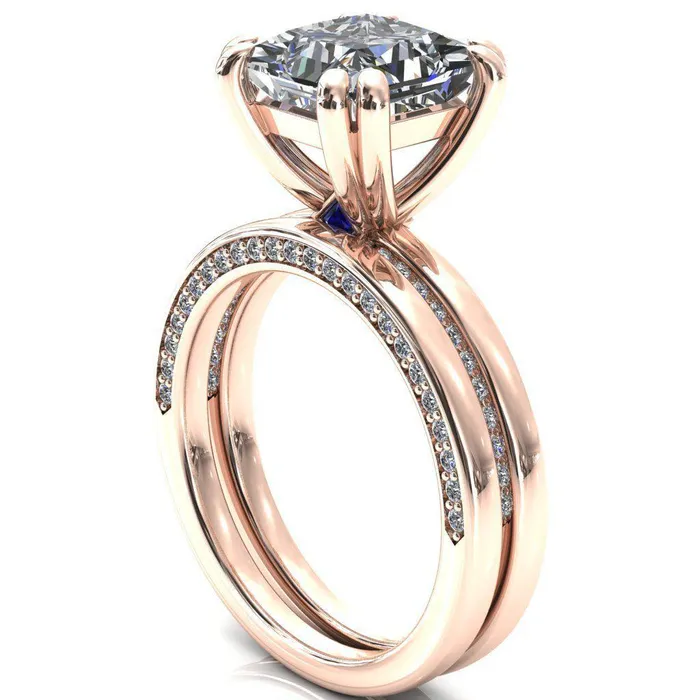 Ain PrincessSquare Moissanite 4 Double Prongs Blue Sapphire Bezel Diamond Side Shank Ring Fire Brilliance Rings