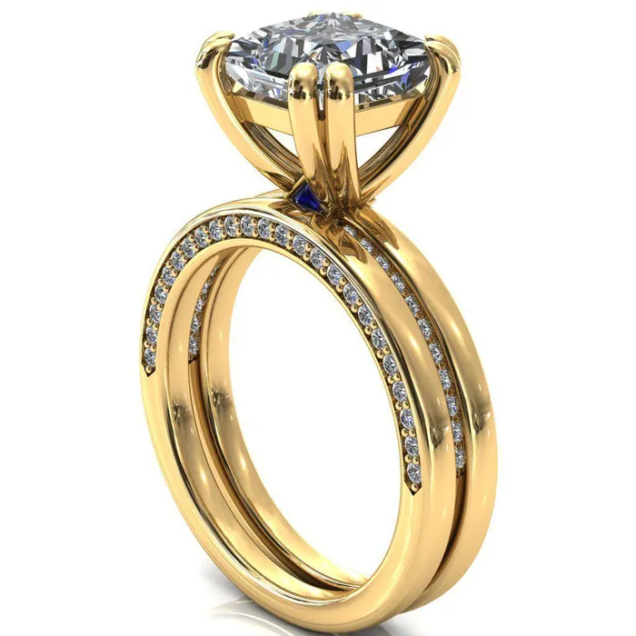Ain PrincessSquare Moissanite 4 Double Prongs Blue Sapphire Bezel Diamond Side Shank Ring Fire Brilliance Rings