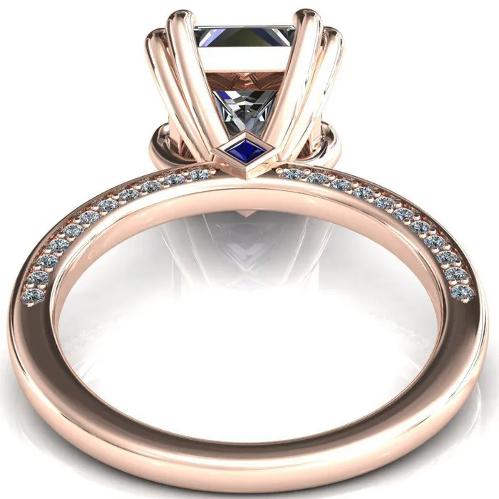 Ain PrincessSquare Moissanite 4 Double Prongs Blue Sapphire Bezel Diamond Side Shank Ring Fire Brilliance Rings