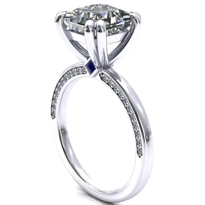 Ain PrincessSquare Moissanite 4 Double Prongs Blue Sapphire Bezel Diamond Side Shank Ring Fire Brilliance Rings