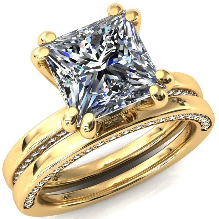 Ain PrincessSquare Moissanite 4 Double Prongs Blue Sapphire Bezel Diamond Side Shank Ring Fire Brilliance Rings