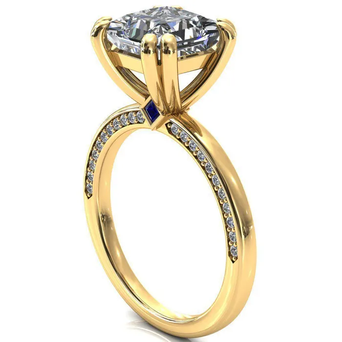 Ain PrincessSquare Moissanite 4 Double Prongs Blue Sapphire Bezel Diamond Side Shank Ring Fire Brilliance Rings