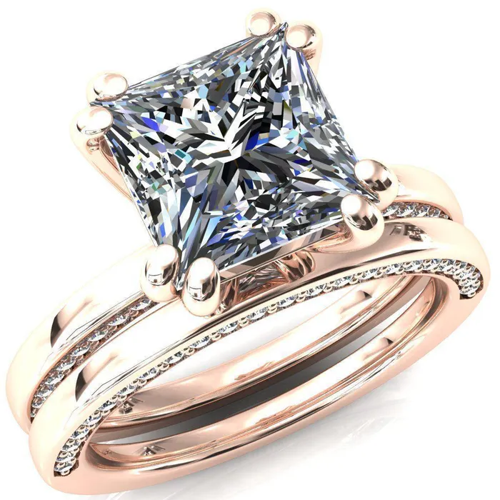 Ain PrincessSquare Moissanite 4 Double Prongs Blue Sapphire Bezel Diamond Side Shank Ring Fire Brilliance Rings