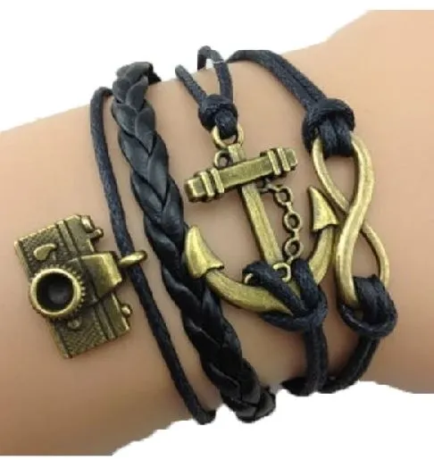 alice Bracelets AZ1283 Black Anchor Camera Infinity Leather Layer Bracelet