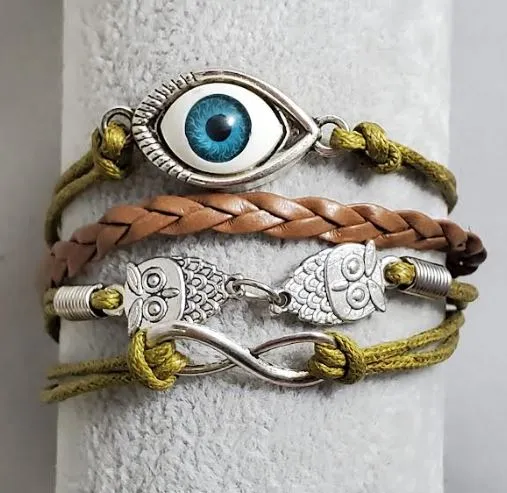 alice Bracelets AZ1502 Brown Eye Owl Infinity Layer Leather Bracelet