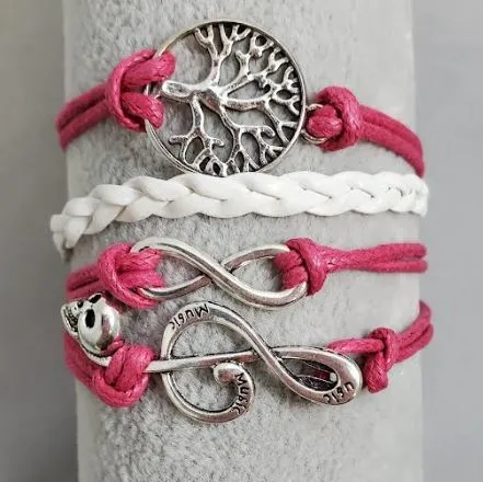 alice Bracelets AZ322 Hot Pink White Tree Music Note Infinity Layer Leather Bracelet alice Bracelets AZ322 Hot Pink White Tree Music Note Infinity Layer Leather Bracelet
