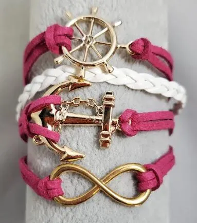 alice Bracelets AZ331 Hot Pink White Ship Wheel Anchor Infinity Layer Leather Bracelet alice Bracelets AZ331 Hot Pink White Ship Wheel Anchor Infinity Layer Leather Bracelet