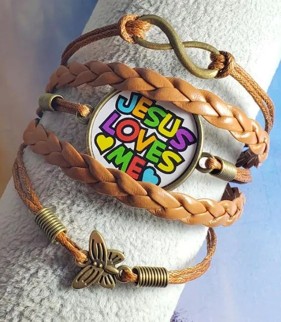 alice Bracelets B1250 Brown Jesus Loves Me Layer Leather Bracelet