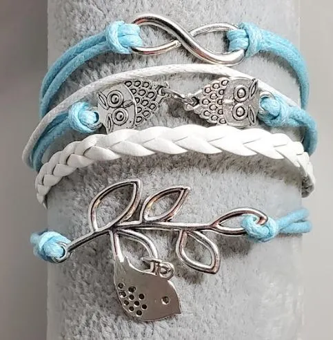 alice Bracelets B544 Light Blue White Owl Leaf Bird Infinity Layer Leather Bracelet alice Bracelets B544 Light Blue White Owl Leaf Bird Infinity Layer Leather Bracelet