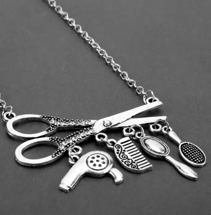 alice Necklaces AZ04 Silver Scissor Comb Rhinestone Necklace with FREE EARRINGS