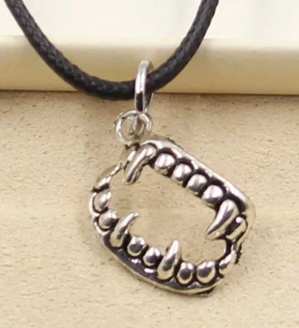 alice Necklaces N1910 Silver Dainty Vampire Fangs on Leather Cord Necklace