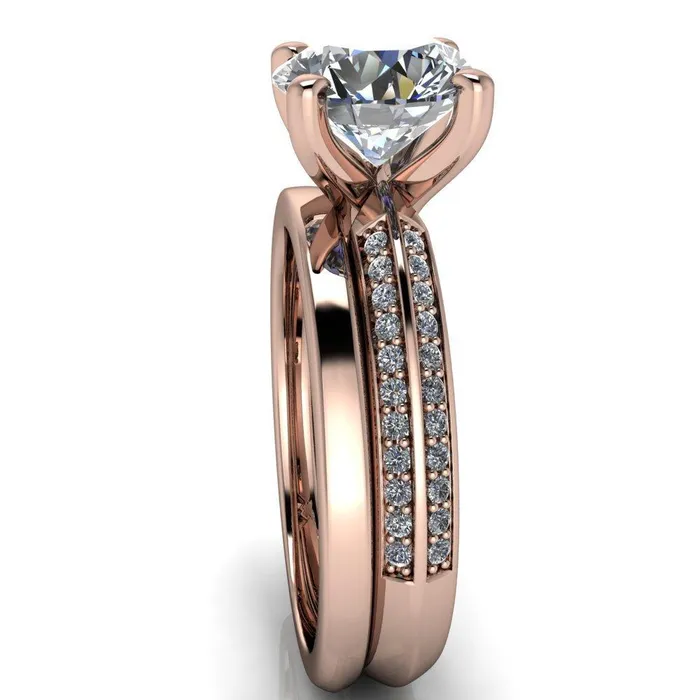 Alicia Round Center Stone Charmed Double Sided Diamonds Design Engagement Ring Fire Brilliance Rings