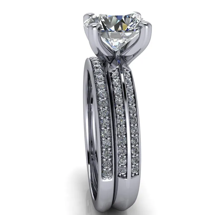 Alicia Round Center Stone Charmed Double Sided Diamonds Design Engagement Ring Fire Brilliance Rings