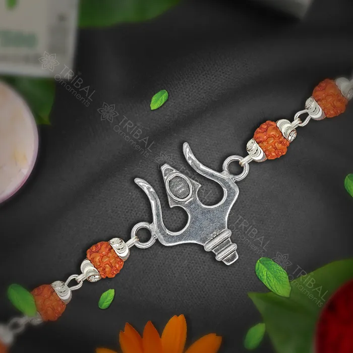 Amazing Lord shiva trident design 925 sterling silver Rakhi bracelet in rudrakshblack basilwhite basil and silver beaded chain rk282 TRIBAL ORNAMENTS Bracelets