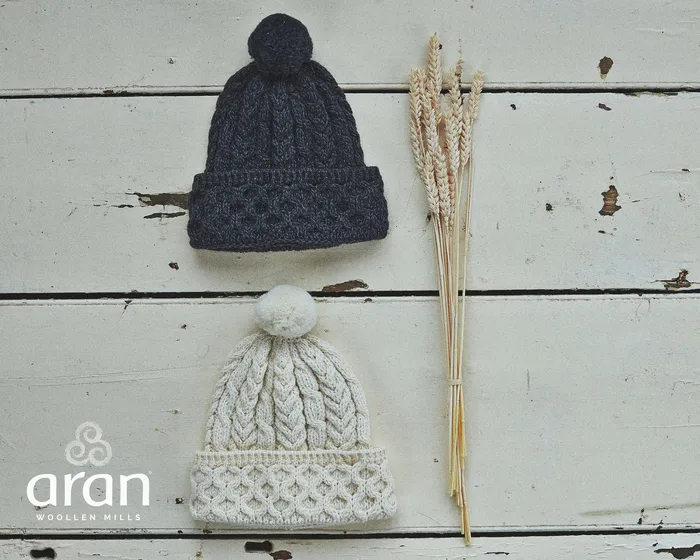Aran Woollen Mills Earrings Merino Wool Honeycomb Cable Knit Pom Pom Hat