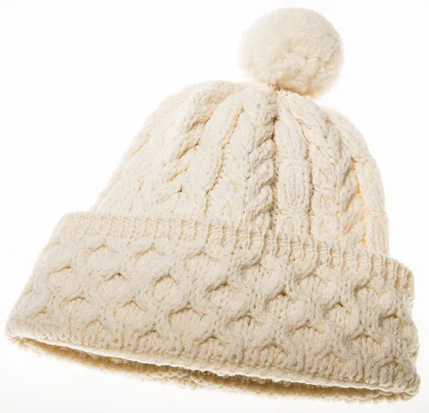 Aran Woollen Mills Earrings Merino Wool Honeycomb Cable Knit Pom Pom Hat