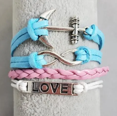 AZ1294 Light Blue Pink White Love Anchor Infinity Layer Leather Bracelet alice Bracelets AZ1294 Light Blue Pink White Love Anchor Infinity Layer Leather Bracelet alice Bracelets