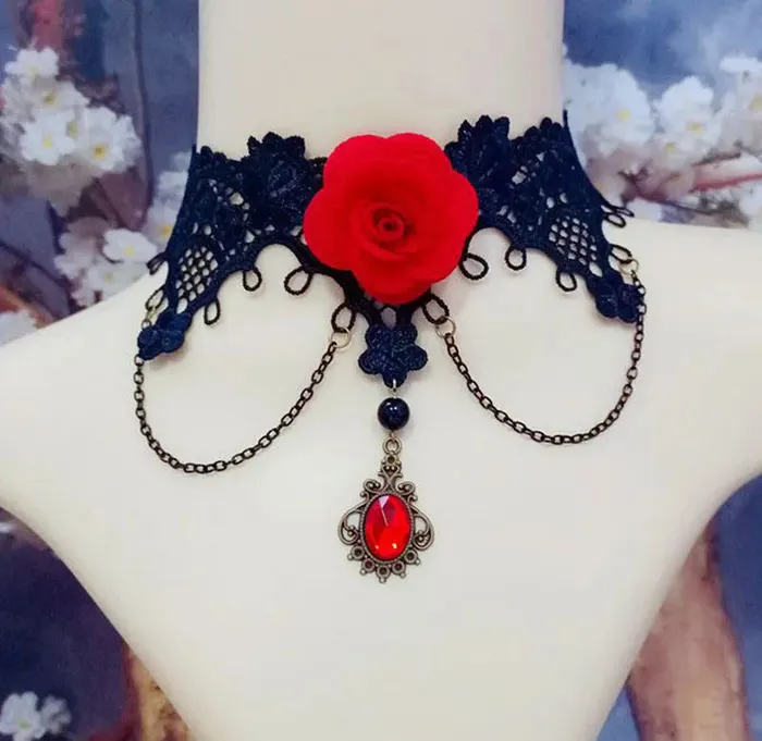 AZ624 Red Rose Lace Inlay Rhinestones Womens Choker with Free Earrings 01 Earrings AZ624 Red Rose Lace Inlay Rhinestones Womens Choker with Free Earrings 01 Earrings