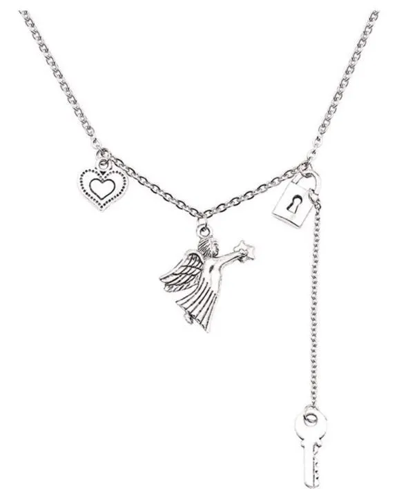 AZ959 Silver Heart Angel Lock Key Necklace with Free Earrings alice Necklaces