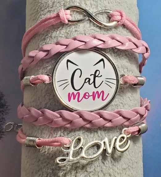 B147 Light Pink Cat Mom Layer Leather Bracelet alice Bracelets