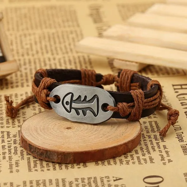 B274 Brown Leather Light Brown Cord Fish Bone Bracelet 01 Bracelets