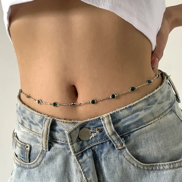 B284 Silver Green Gem Body Chain 01 Necklaces