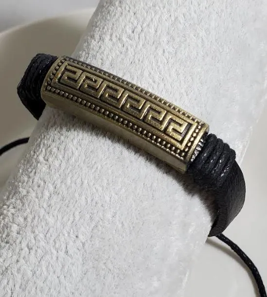 B289 Gold Aztec Design Black Leather Bracelet polly Bracelets