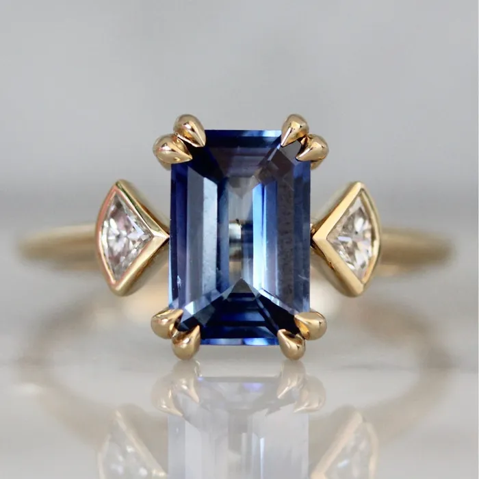 Bluebell BiColor Blue and White Emerald Cut Sapphire Ring Made By Gem Breakfast Rings