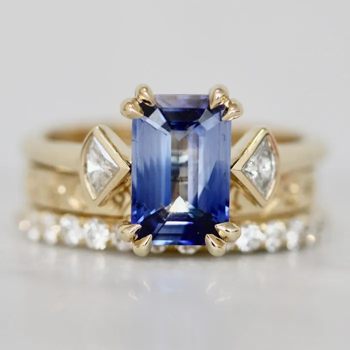 Bluebell BiColor Blue and White Emerald Cut Sapphire Ring Made By Gem Breakfast Rings