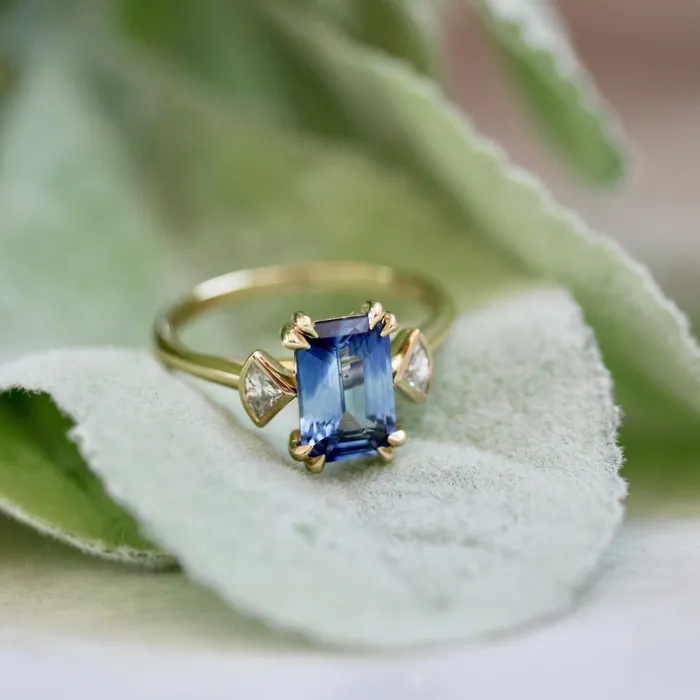 Bluebell BiColor Blue and White Emerald Cut Sapphire Ring Made By Gem Breakfast Rings