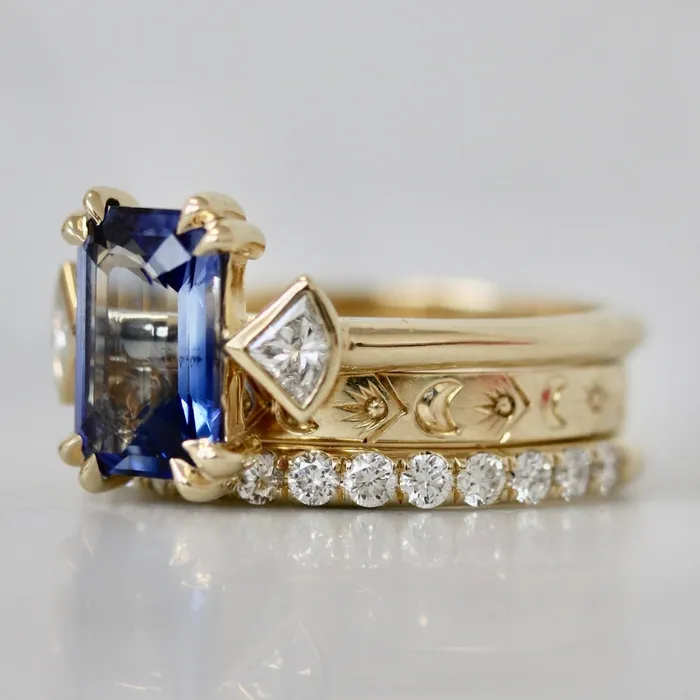 Bluebell BiColor Blue and White Emerald Cut Sapphire Ring Made By Gem Breakfast Rings