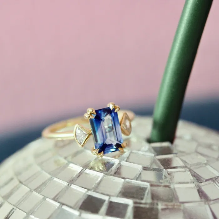 Bluebell BiColor Blue and White Emerald Cut Sapphire Ring Made By Gem Breakfast Rings