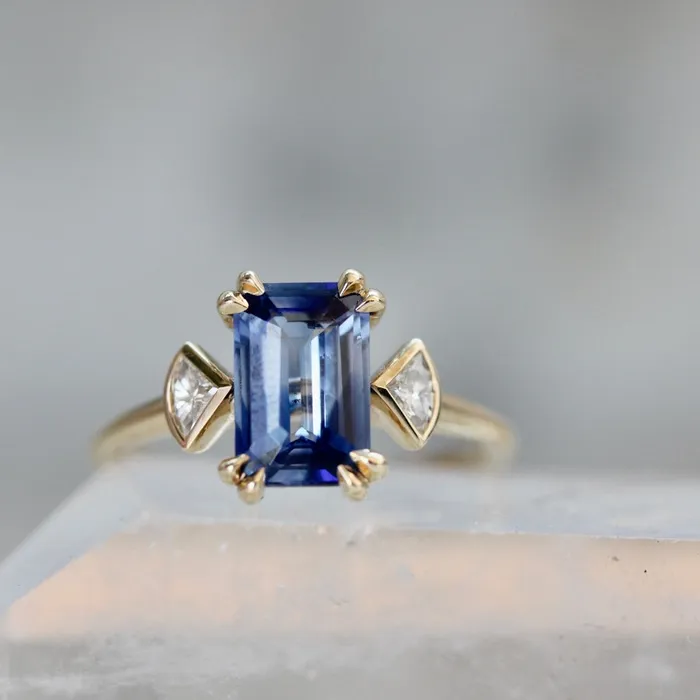 Bluebell BiColor Blue and White Emerald Cut Sapphire Ring Made By Gem Breakfast Rings