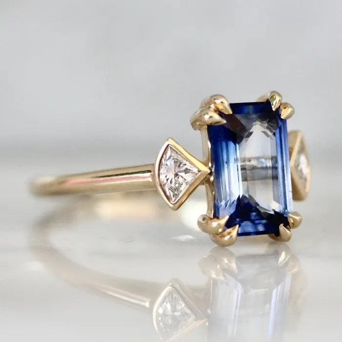 Bluebell BiColor Blue and White Emerald Cut Sapphire Ring Made By Gem Breakfast Rings