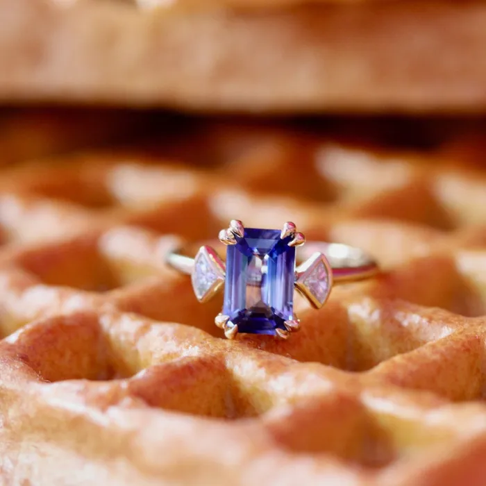 Bluebell BiColor Blue and White Emerald Cut Sapphire Ring Made By Gem Breakfast Rings