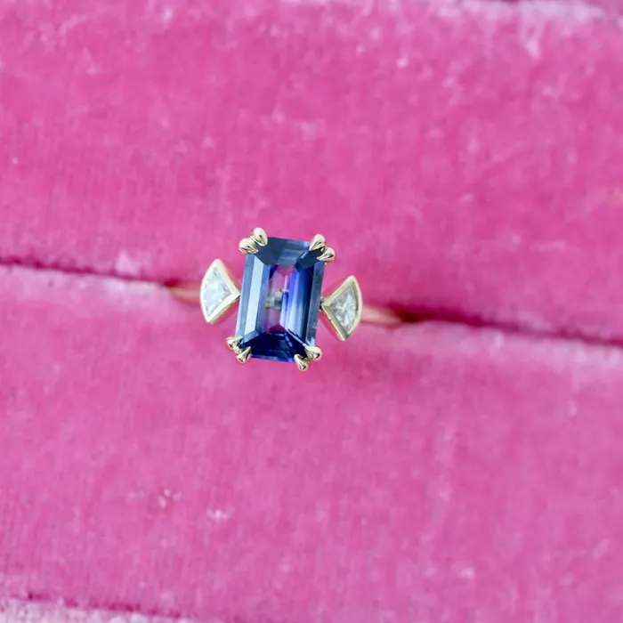 Bluebell BiColor Blue and White Emerald Cut Sapphire Ring Made By Gem Breakfast Rings