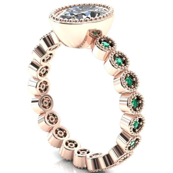 Borea Oval Center Stone Full Bezel Milgrain Emerald Accent Full Eternity Ring Fire Brilliance Rings
