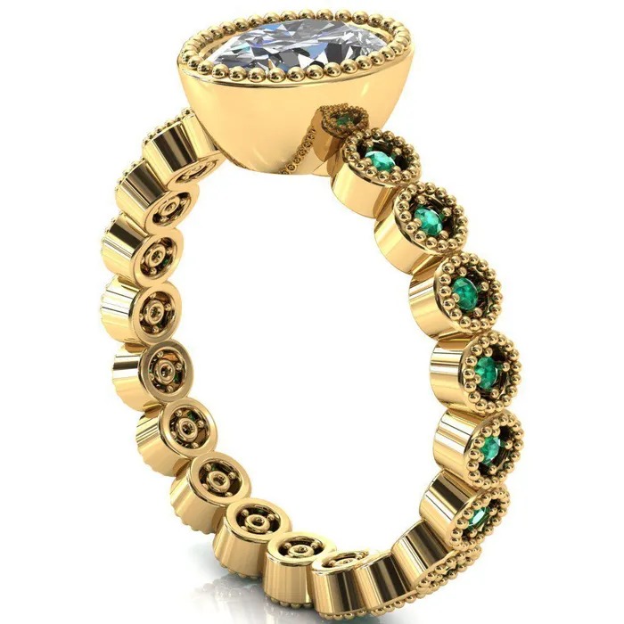 Borea Oval Center Stone Full Bezel Milgrain Emerald Accent Full Eternity Ring Fire Brilliance Rings