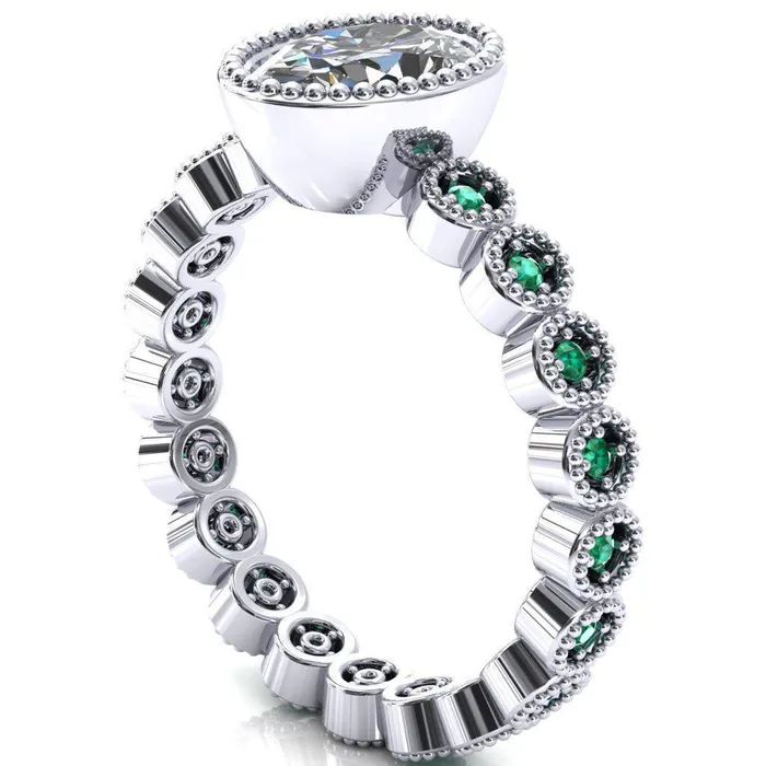 Borea Oval Center Stone Full Bezel Milgrain Emerald Accent Full Eternity Ring Fire Brilliance Rings