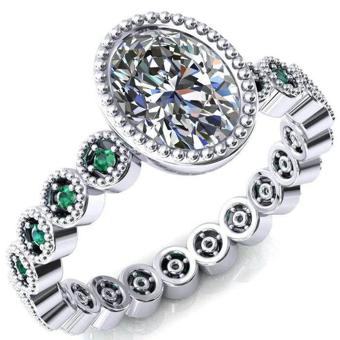Borea Oval Center Stone Full Bezel Milgrain Emerald Accent Full Eternity Ring Fire Brilliance Rings