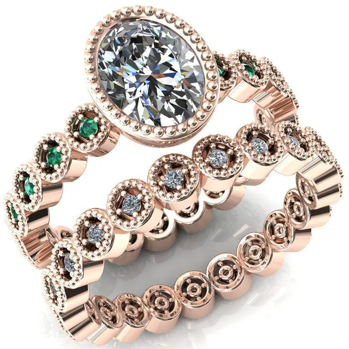 Borea Oval Center Stone Full Bezel Milgrain Emerald Accent Full Eternity Ring Fire Brilliance Rings