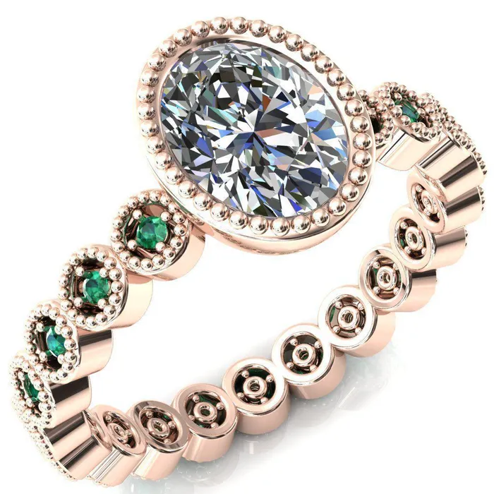 Borea Oval Center Stone Full Bezel Milgrain Emerald Accent Full Eternity Ring Fire Brilliance Rings