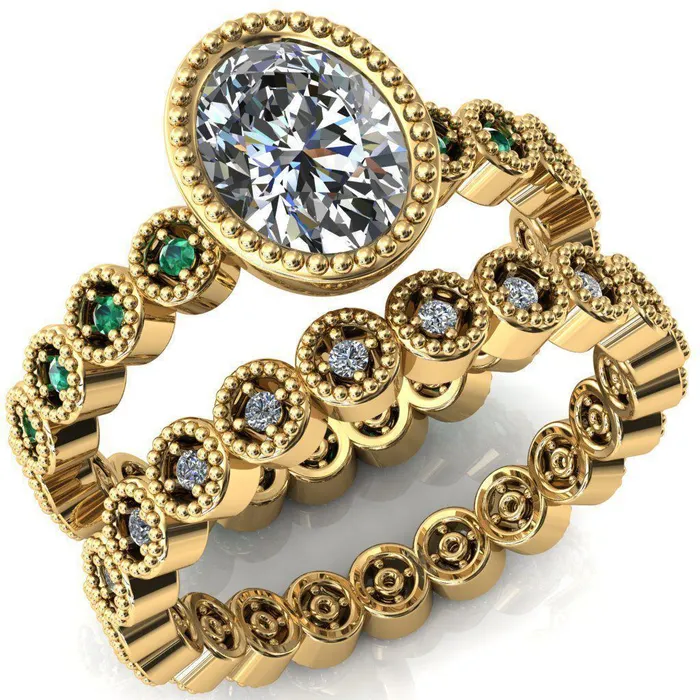 Borea Oval Center Stone Full Bezel Milgrain Emerald Accent Full Eternity Ring Fire Brilliance Rings