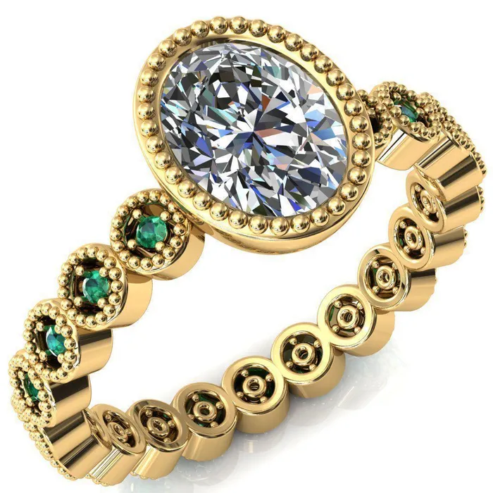 Borea Oval Center Stone Full Bezel Milgrain Emerald Accent Full Eternity Ring Fire Brilliance Rings