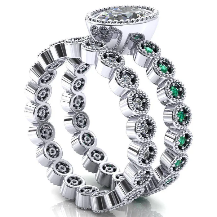 Borea Oval Center Stone Full Bezel Milgrain Emerald Accent Full Eternity Ring Fire Brilliance Rings