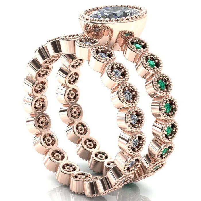 Borea Oval Center Stone Full Bezel Milgrain Emerald Accent Full Eternity Ring Fire Brilliance Rings